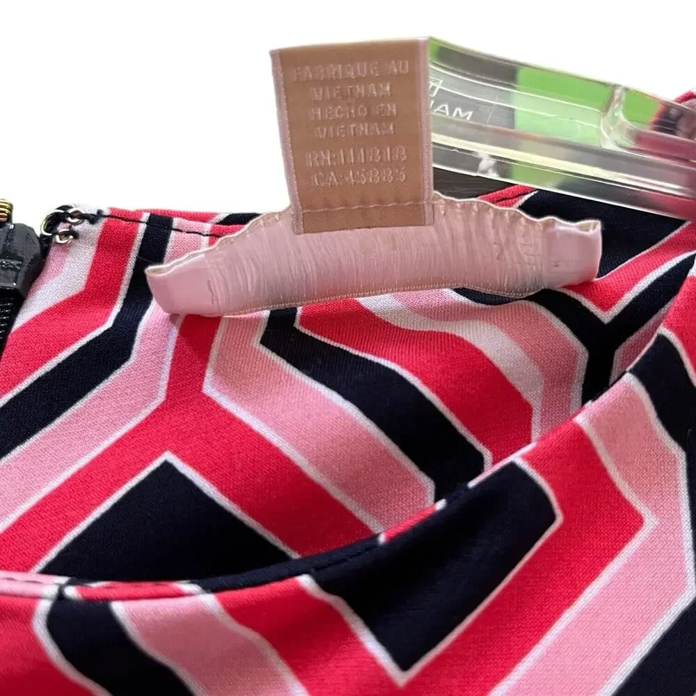 Michael Kors Coral Pink White Navy Geometric Print Sheath Long Sl Dress EUC SZ S